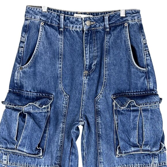 Zara Womens 6 Baggy Hi Rise Wide Leg Utility Multi Pocket Cargo Blue Denim - Picture 3 of 16